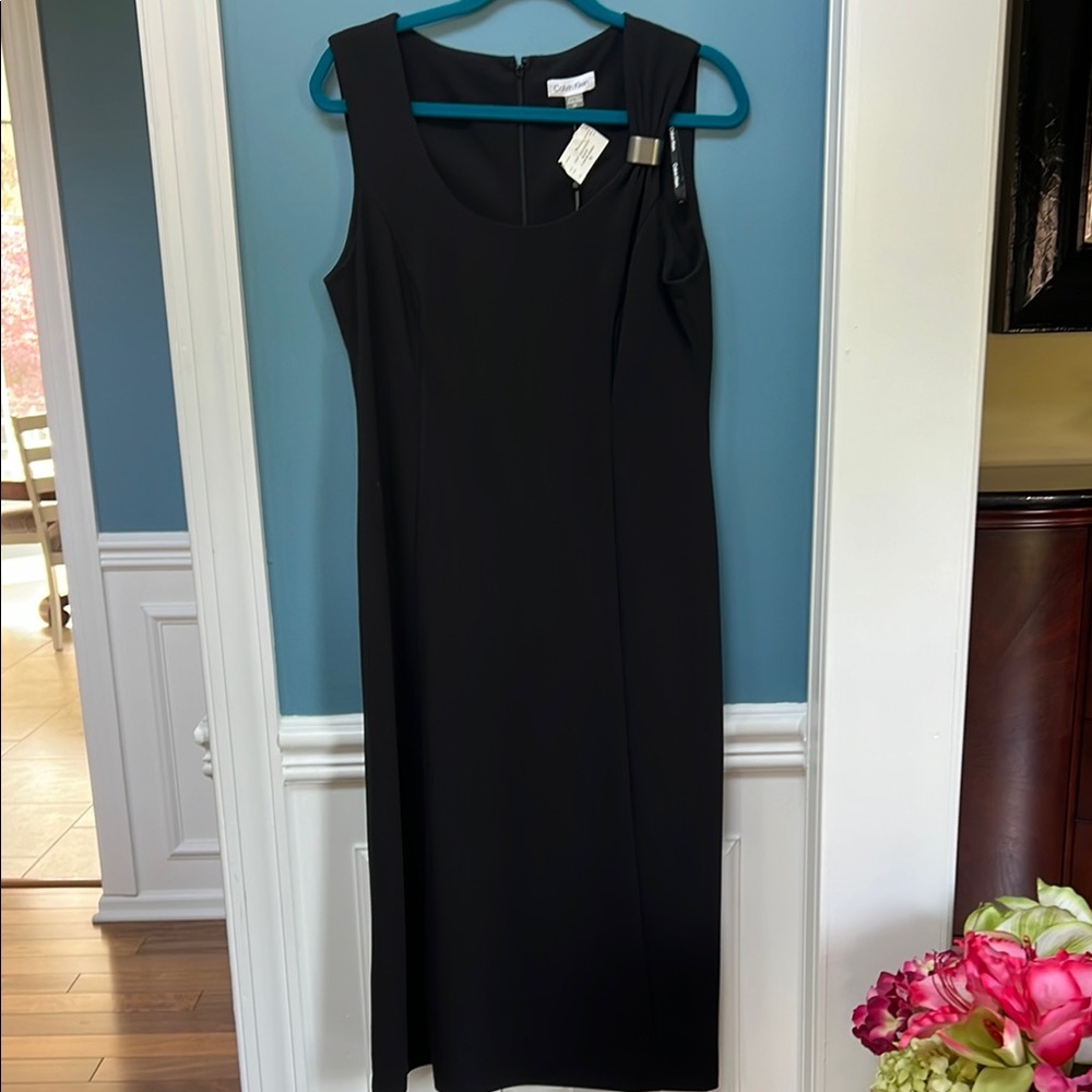 Calvin Klein Black Sheath Midi Dress V-Neck Sleeveless NWT